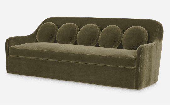 A modern olive green velvet sofa with a sleek, low-profile design and rounded arms. It features a co… — 3D model