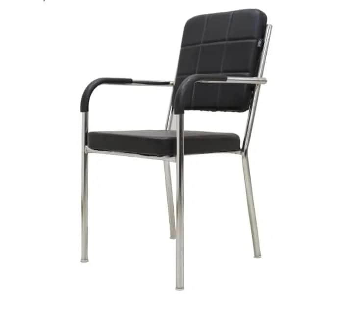 A contemporary office armchair featuring a chrome-plated metal frame and black faux leather upholste… — 3D model