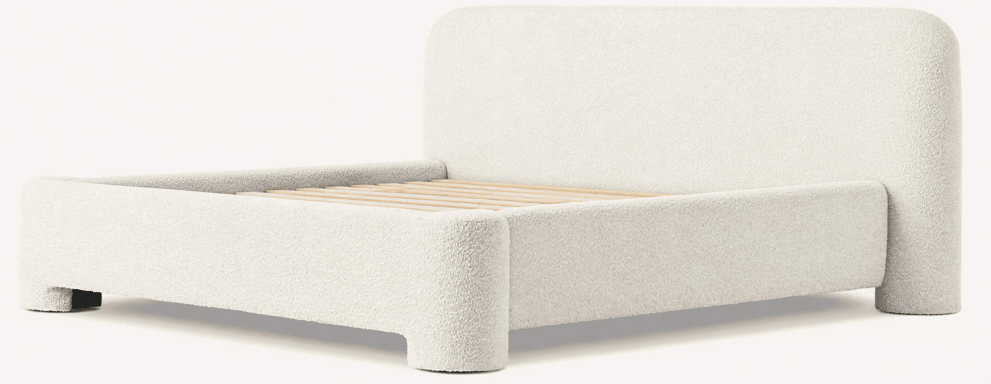 A modern bed frame with a rounded headboard and footboard, upholstered in a textured, boucle-like fa… — 3D model