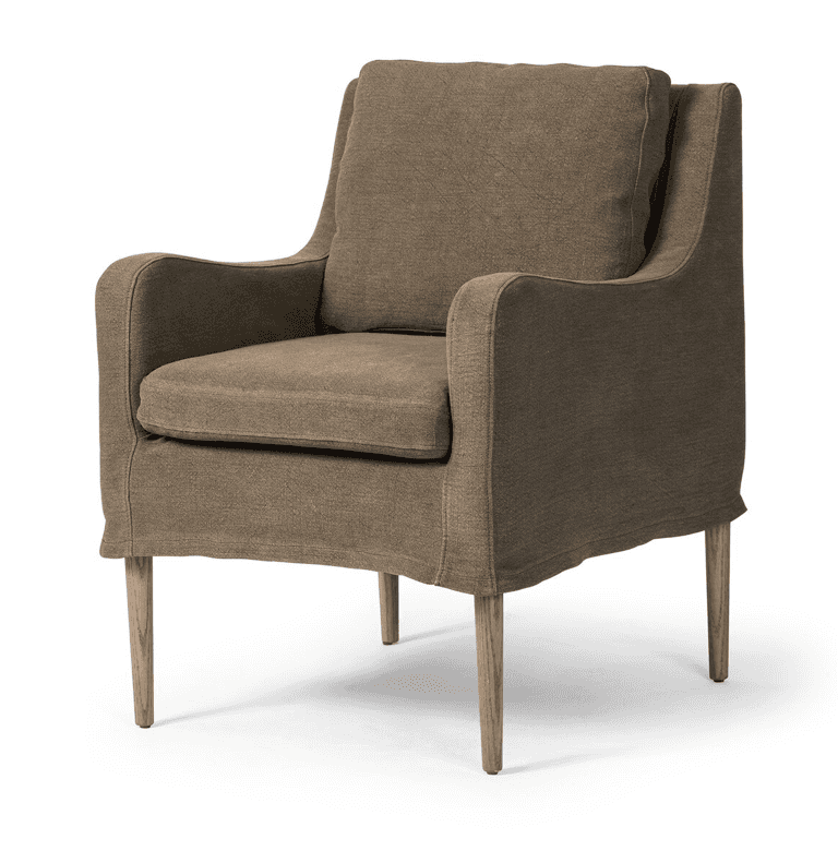 A contemporary upholstered armchair in a taupe textured fabric, featuring a loose seat cushion and a… — 3D model
