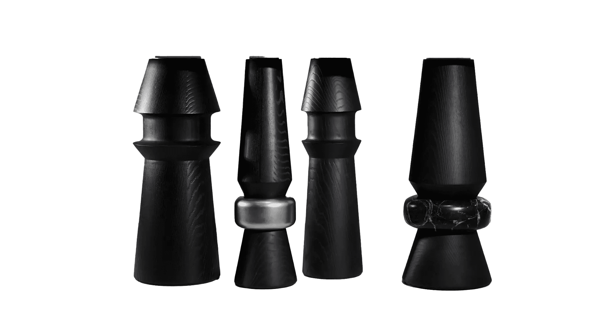 A set of four sculptural pedestals, primarily constructed from black-stained wood with visible grain… — 3D model