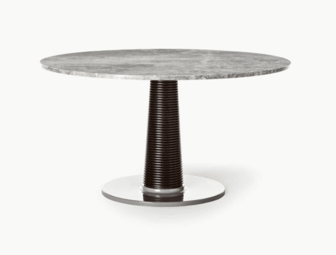A contemporary round dining table featuring a light grey marble top with natural veining. It is supp… — 3D model