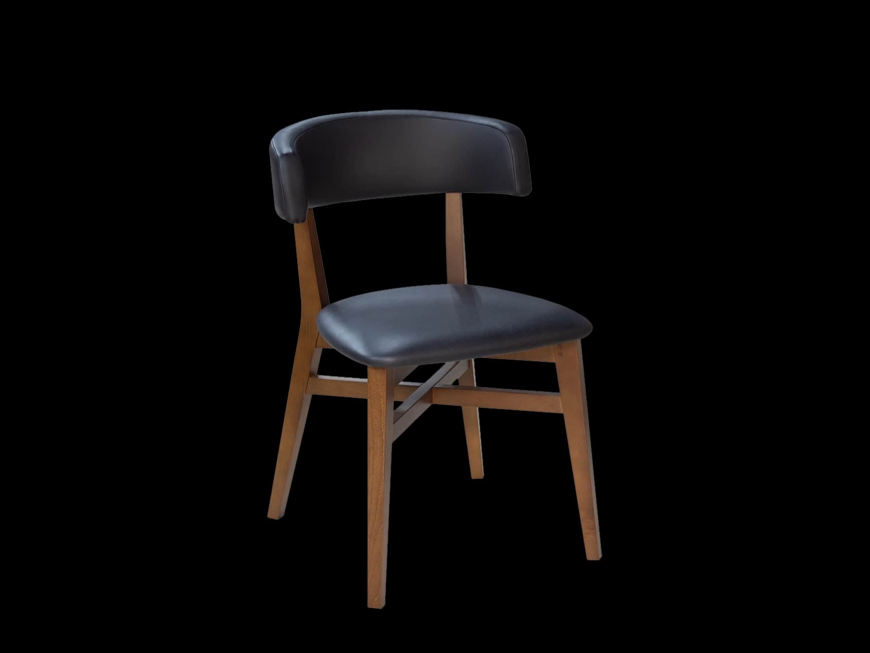 A wooden chair with a black upholstered seat and backrest. The chair has a curved backrest and four… — 3D model