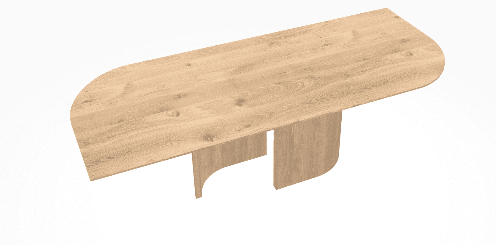 A modern, large conference table with a light oak finish, featuring a curvilinear tabletop and two s… — 3D model