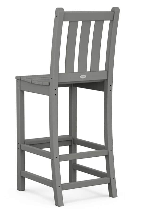 A grey bar stool with a slatted back and a plank-style seat. It features a four-legged design with a… — 3D model