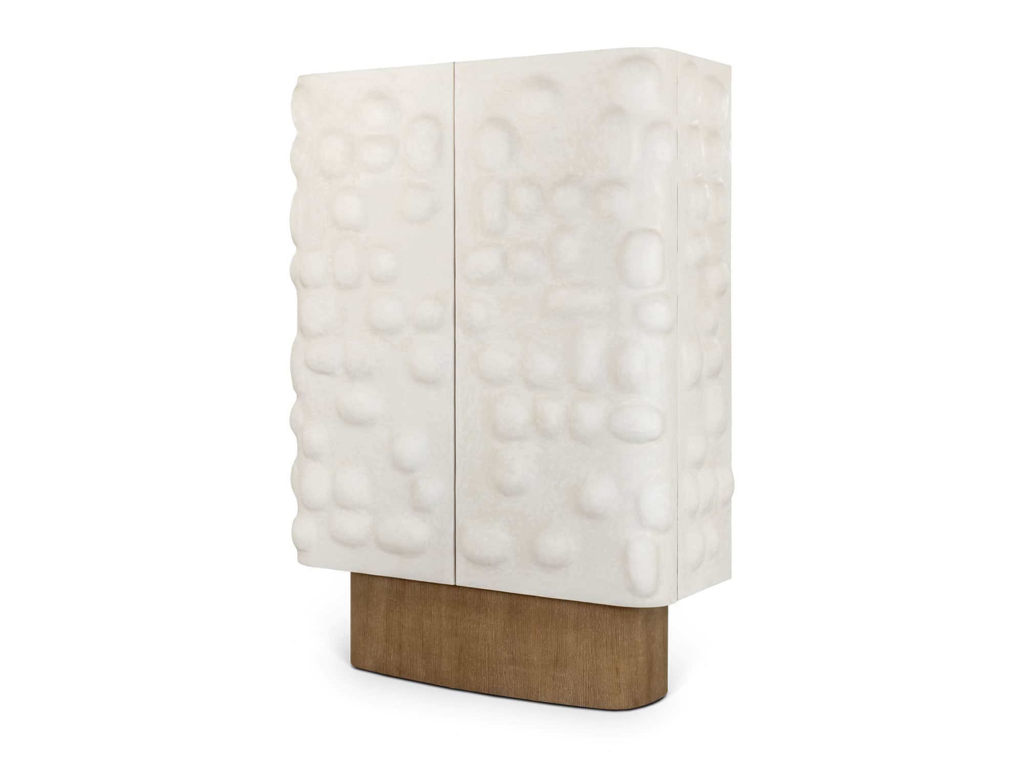 A cabinet with two doors featuring a textured, organic, bubbled surface. It is elevated by a contras… — 3D model