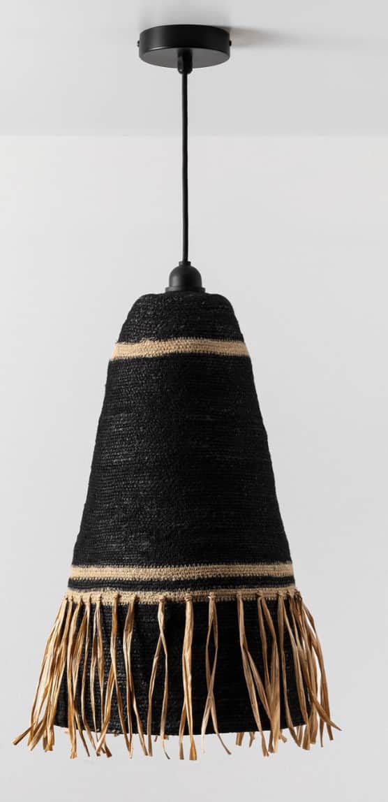 A black conical pendant light featuring a woven texture, accented with natural-colored raffia bands… — 3D model