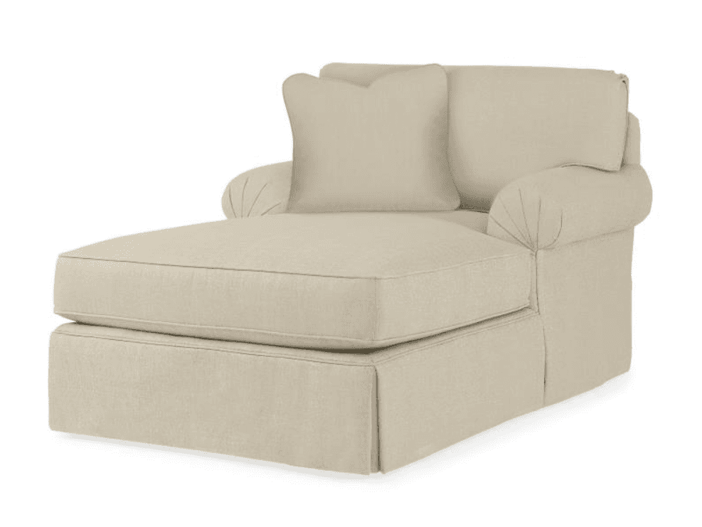 An upholstered chaise lounge featuring a single rolled arm, a skirted base, and a loose seat cushion… — 3D model