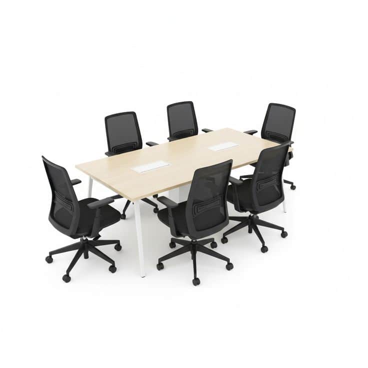 A rectangular conference table featuring a light wood-look laminate top and four straight, white met… — 3D model