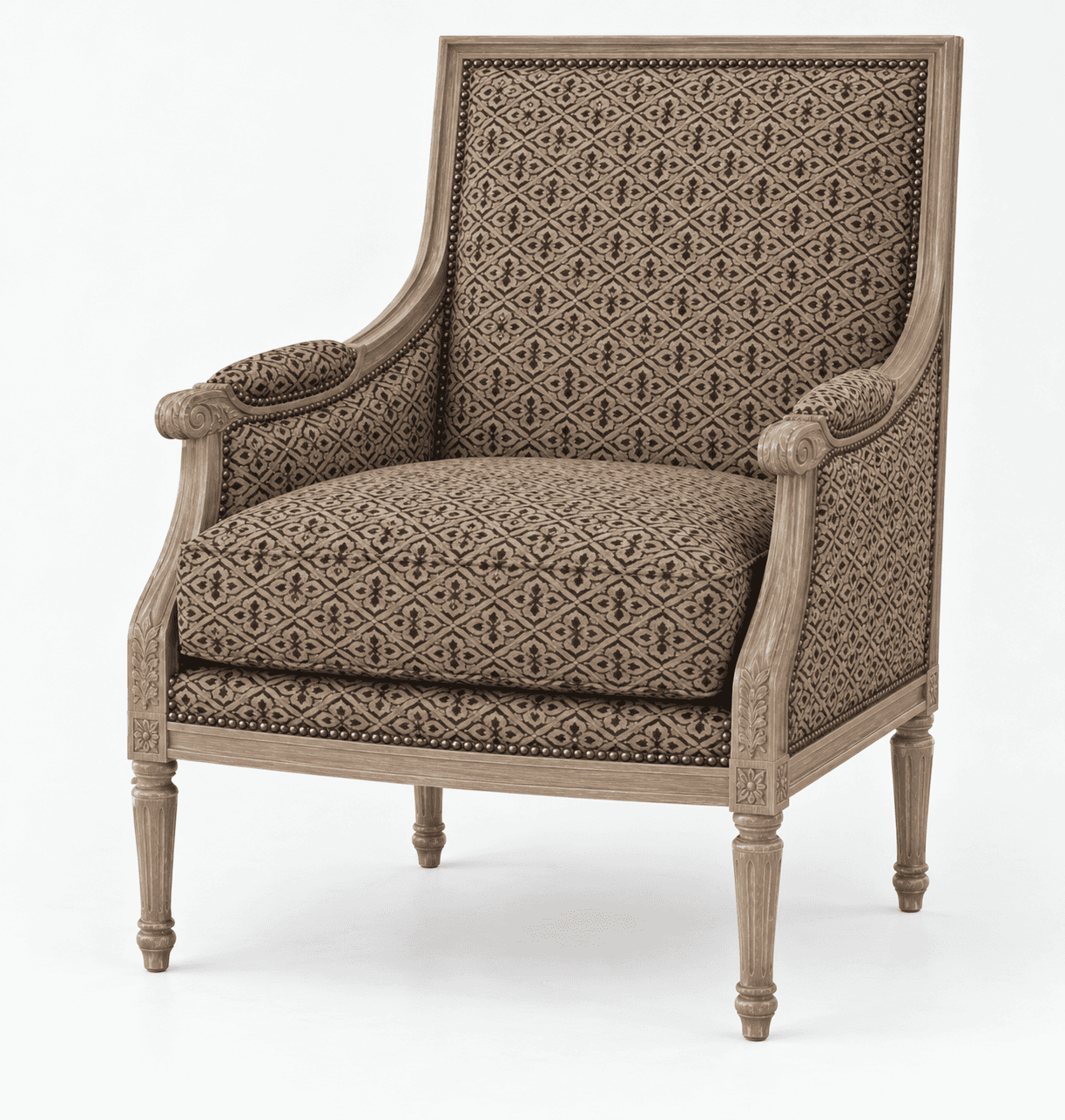 An upholstered armchair featuring an exposed, carved light-toned wooden frame and beige patterned fa… — 3D model