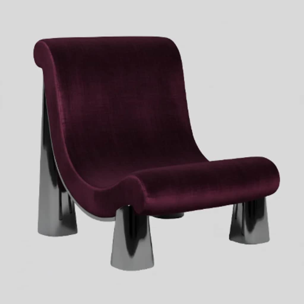 An armless lounge chair with a continuous, undulating form, upholstered in deep plum velvet and supp… — free OBJ 3D model