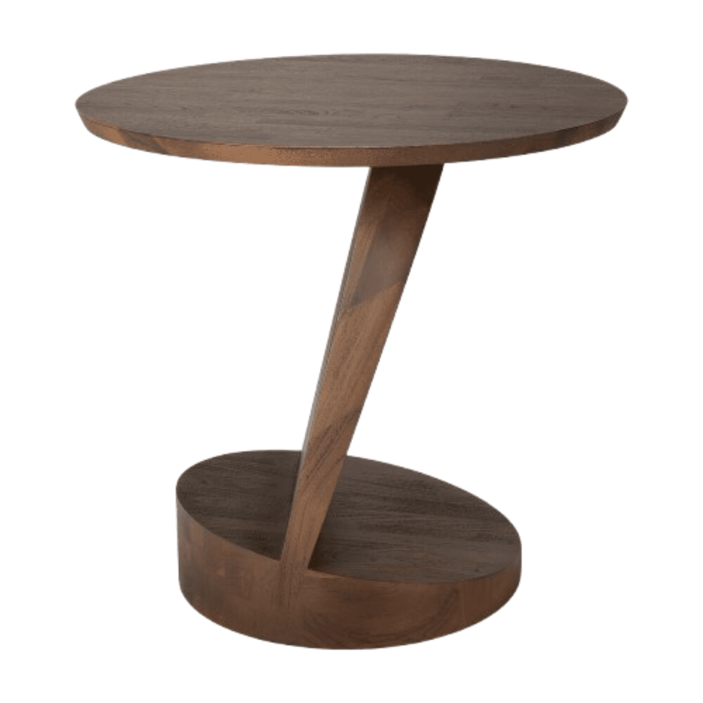 A modern side table featuring a round tabletop and a distinctive angled pedestal base, all crafted f… — 3D model