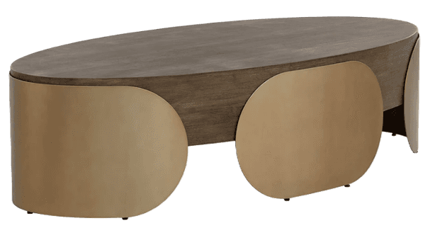 An elongated oval coffee table featuring a dark brown wood top and a distinctive base composed of mu… — 3D model