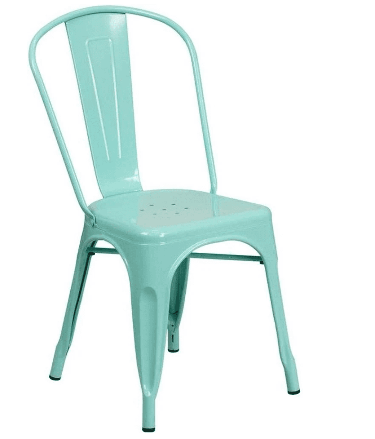 A mint green, industrial-style metal chair, likely steel, featuring a curved backrest, a perforated… — 3D model