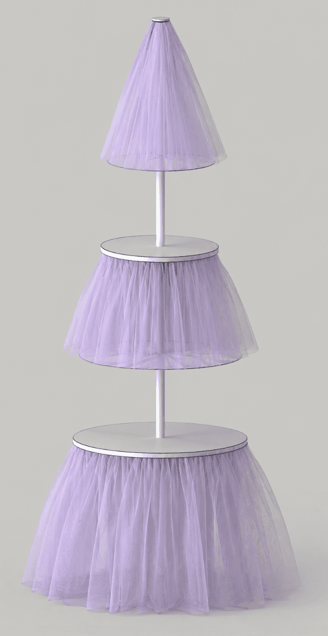 A three-tiered display stand featuring a central white pole and three graduated circular platforms.… — 3D model