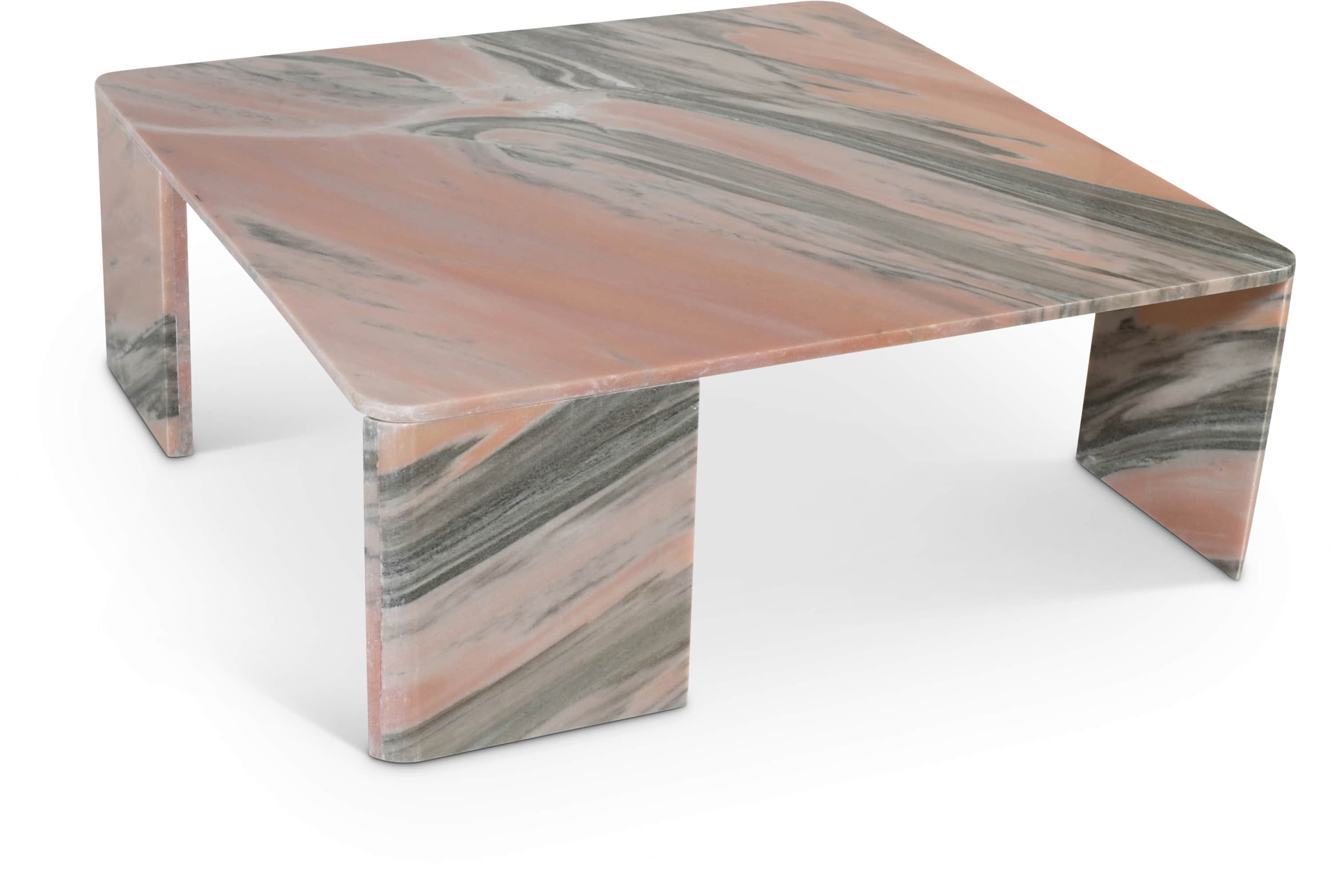 A square, low-profile coffee table crafted entirely from pink, gray, and white veined marble. The ta… — free GLTF 3D model