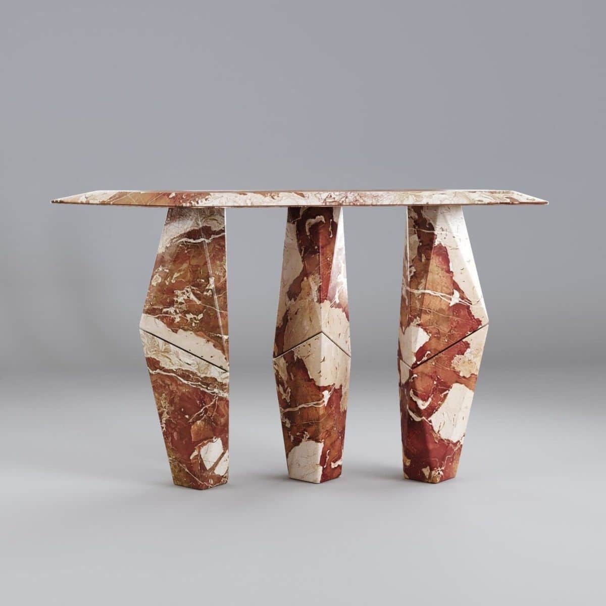 A striking console table featuring a narrow rectangular top supported by three distinct, geometrical… — 3D model