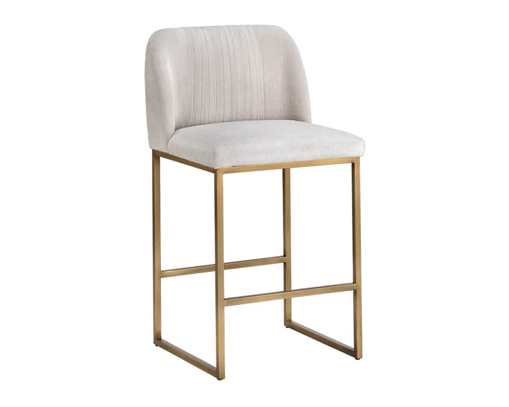 A contemporary bar stool featuring a cushioned seat and backrest upholstered in a light-colored text… — free OBJ 3D model