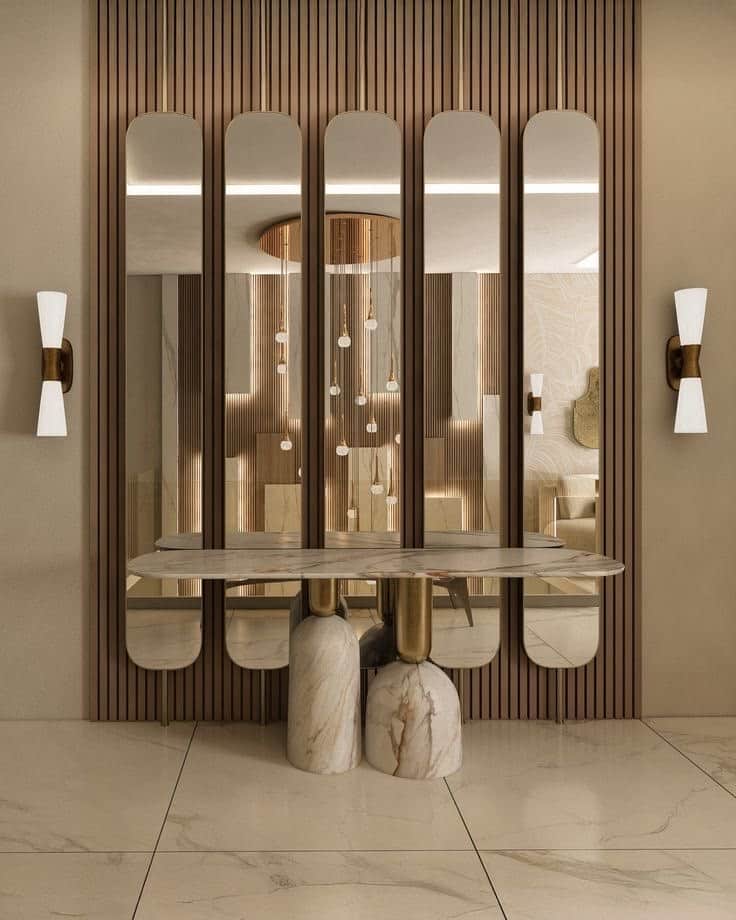 An elegant and contemporary console table featuring a luxurious white marble tabletop with grey vein… — 3D model