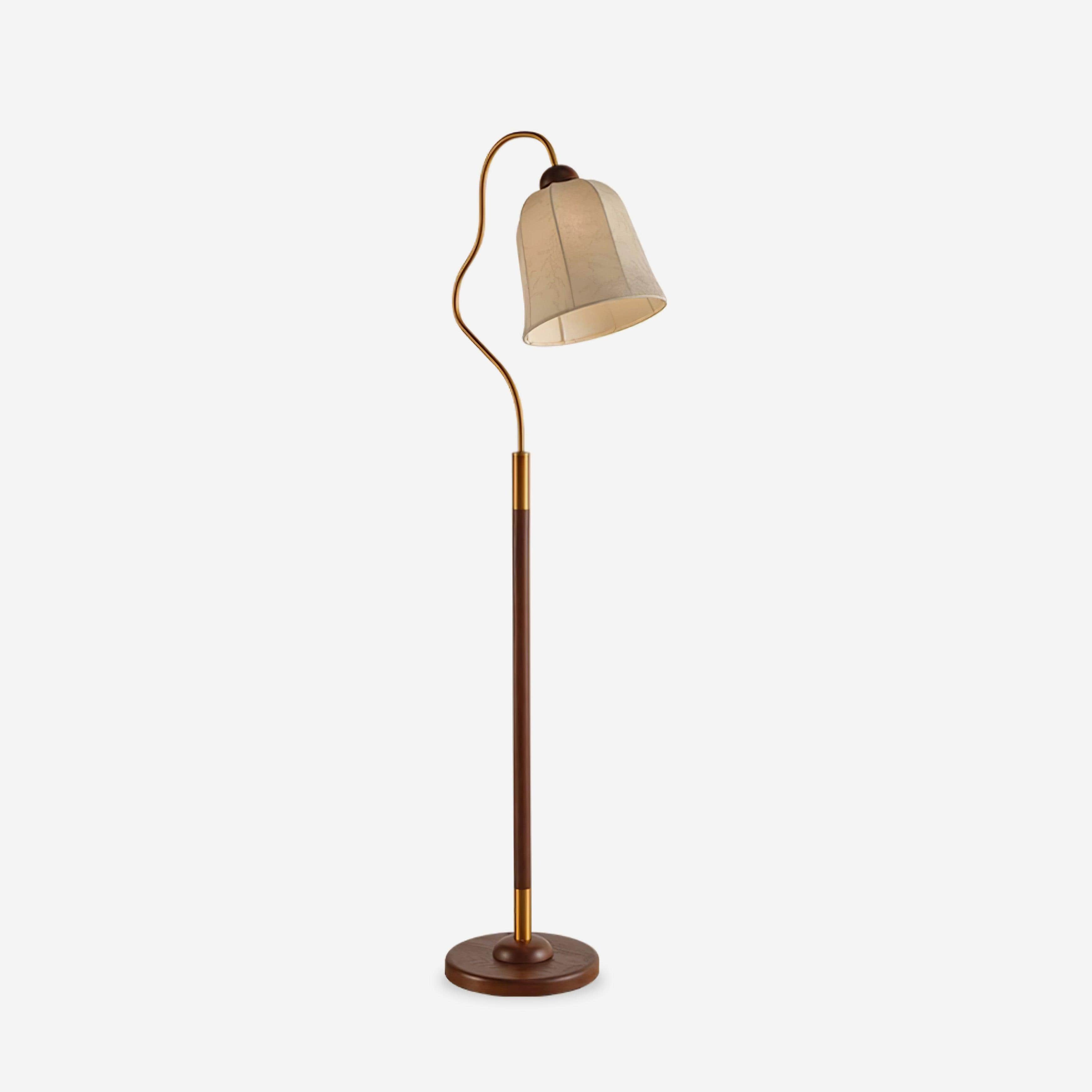 A floor lamp featuring a dark stained wooden column and base, accented with polished brass details.… — 3D model