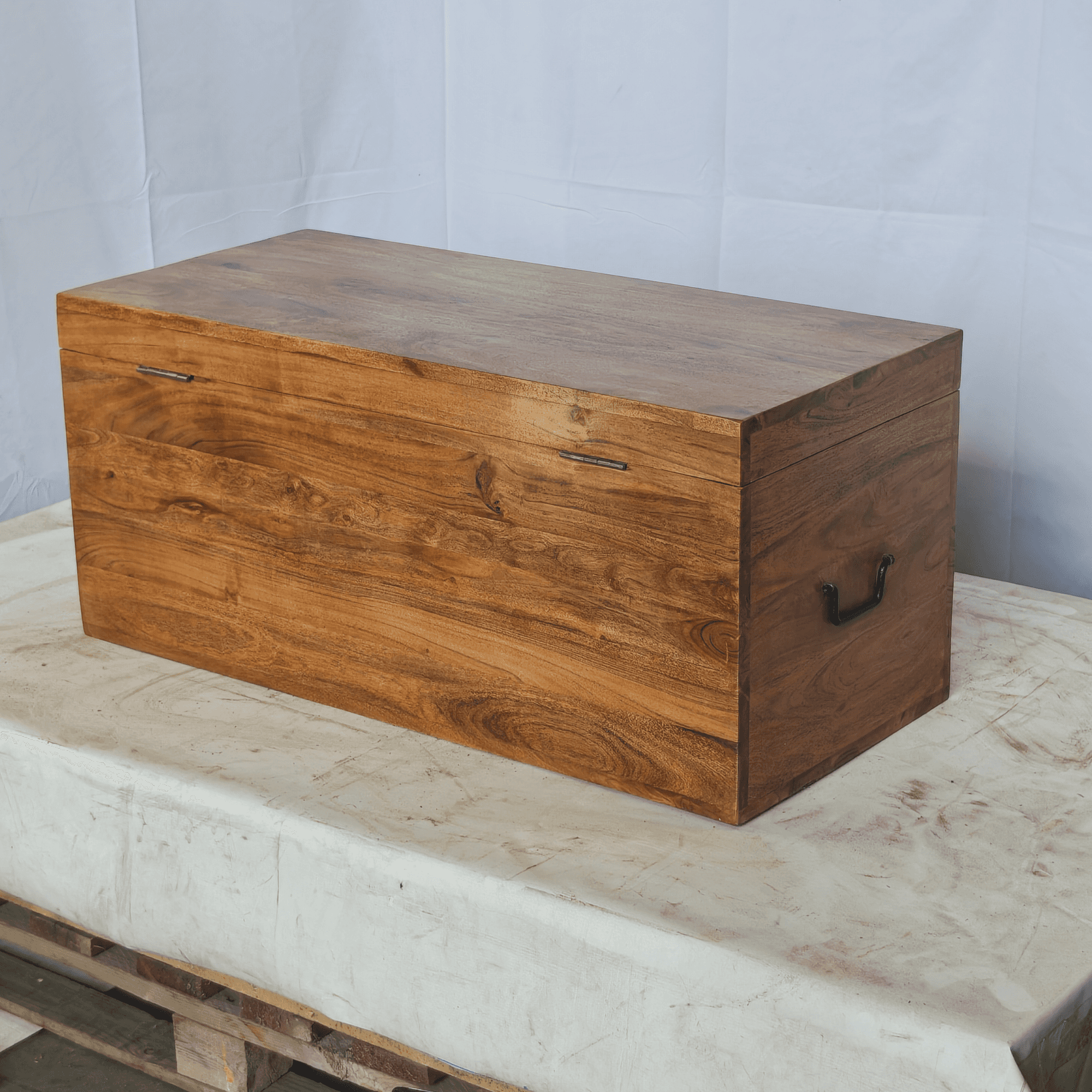 A rectangular storage chest crafted from solid wood, featuring a natural, warm brown finish with pro… — 3D model