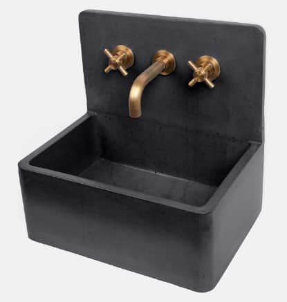 A dark gray, rectangular, wall-mounted concrete sink featuring an integrated backsplash. The sink is… — 3D model