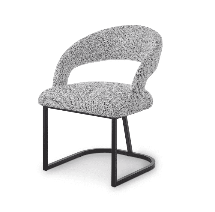 A modern accent chair with a curved silhouette. The seat and back are upholstered in a textured fabr… — 3D model