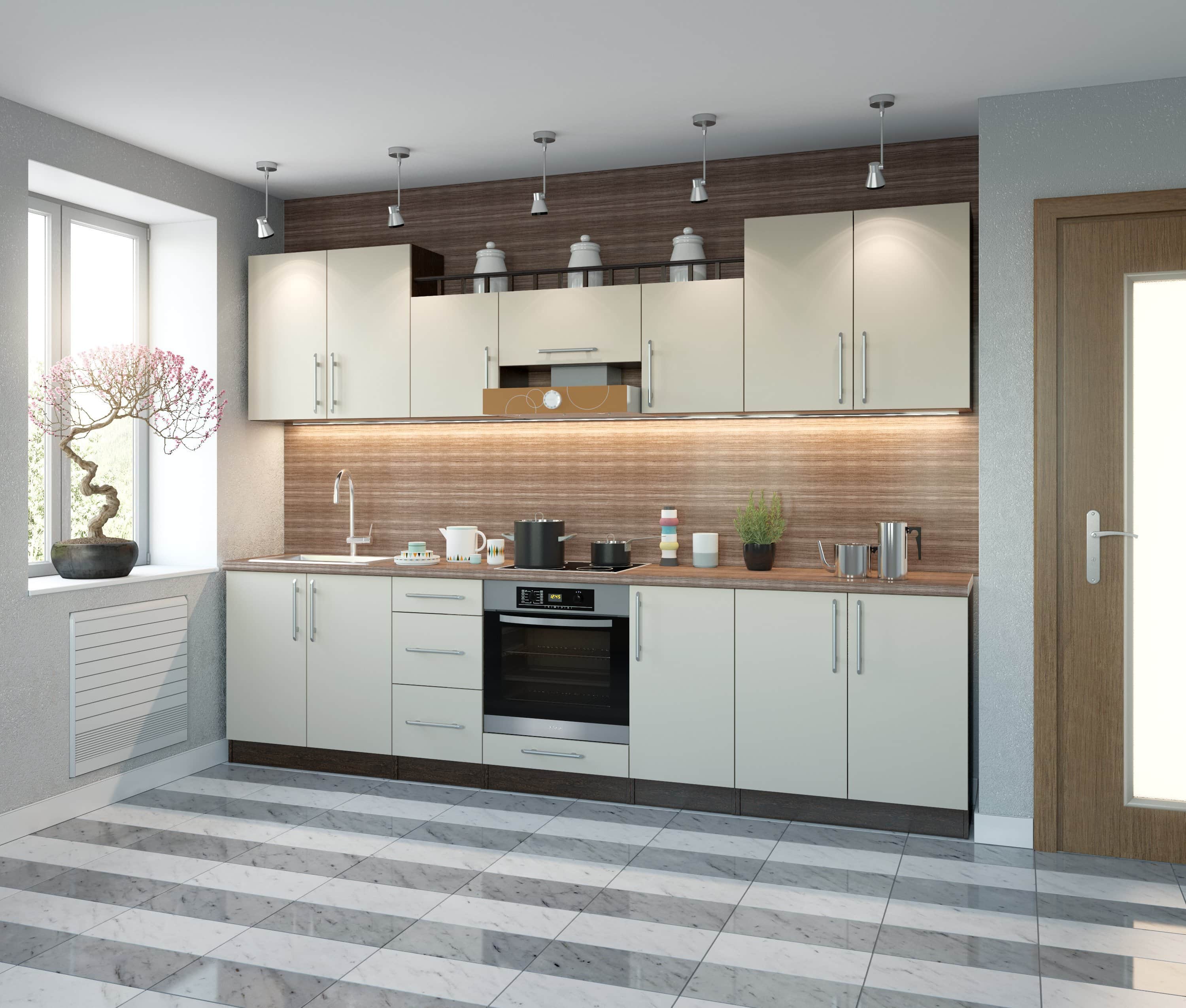 A modern kitchen cabinet set featuring a combination of upper and lower cabinets, integrated oven, a… — free OBJ 3D model
