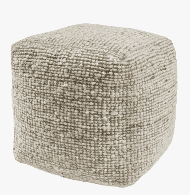 A cube-shaped pouf featuring a chunky, woven textile exterior in a neutral cream and natural beige c… — 3D model