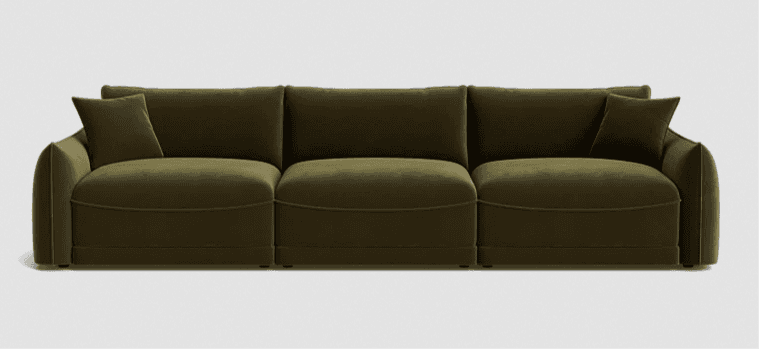 A contemporary three-seater modular sofa upholstered in plush olive green velvet fabric, featuring r… — free GLTF 3D model