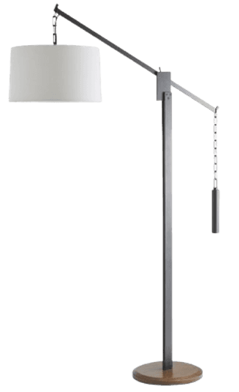A floor lamp with an adjustable arm and a fabric drum shade. The lamp features a dark metal frame wi… — 3D model