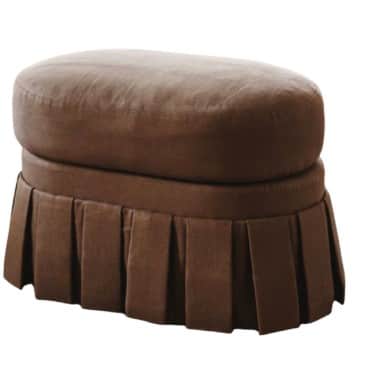 An oval-shaped, upholstered ottoman featuring a generously padded top cushion and a pleated fabric s… — 3D model