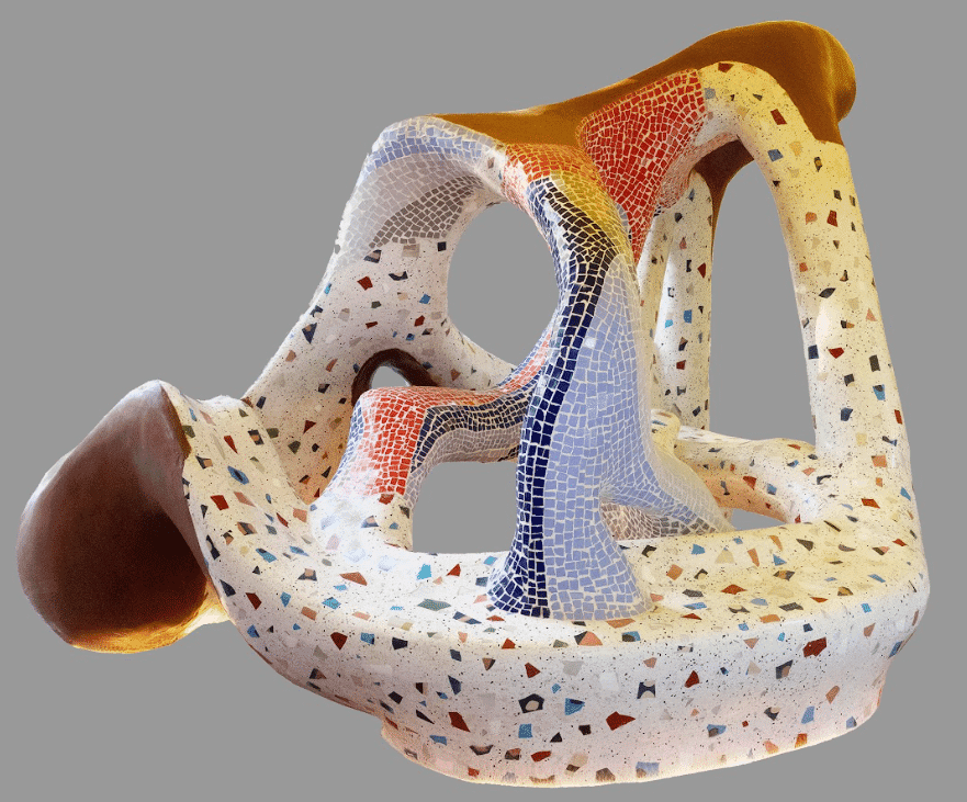 A highly sculptural, organic, and irregularly shaped seating object, primarily covered in a multi-co… — free STL 3D model