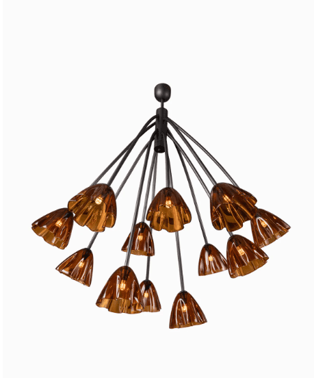 A multi-arm chandelier with a central dark metal stem from which numerous thin, dark metal arms exte… — free OBJ 3D model