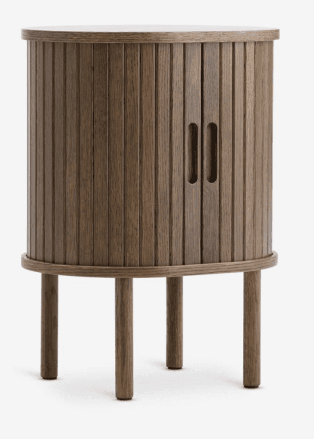 A modern, cylindrical cabinet crafted from medium-toned wood, featuring slatted tambour doors with i… — 3D model