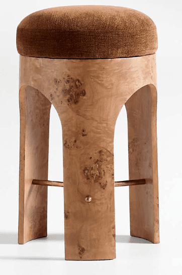 A contemporary stool featuring a round, plush brown upholstered seat set upon a distinctive burl woo… — 3D model