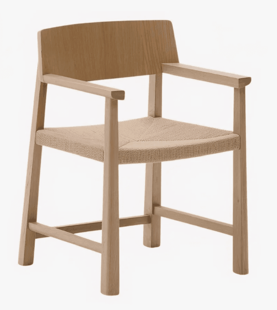 A contemporary armchair featuring a light-toned solid wood frame, likely oak, with a distinctive wov… — 3D model