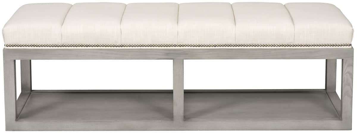 A rectangular bench featuring a channeled upholstered top in a light fabric, accented with decorativ… — 3D model