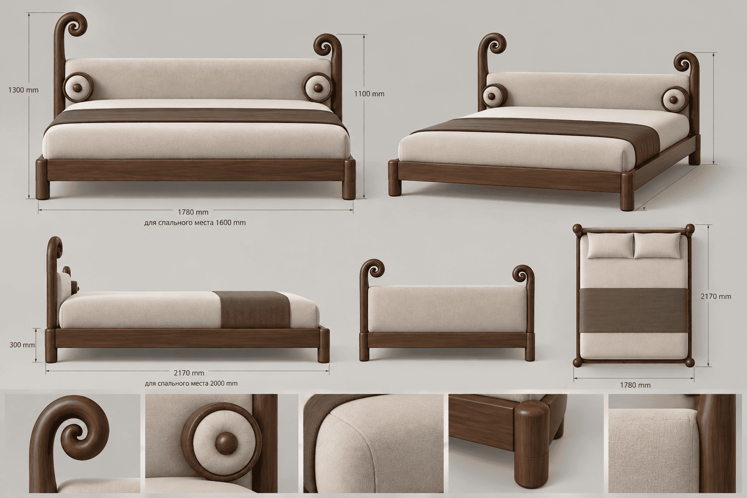 A modern platform bed featuring a dark wood frame and an upholstered headboard with distinctive scro… — 3D model