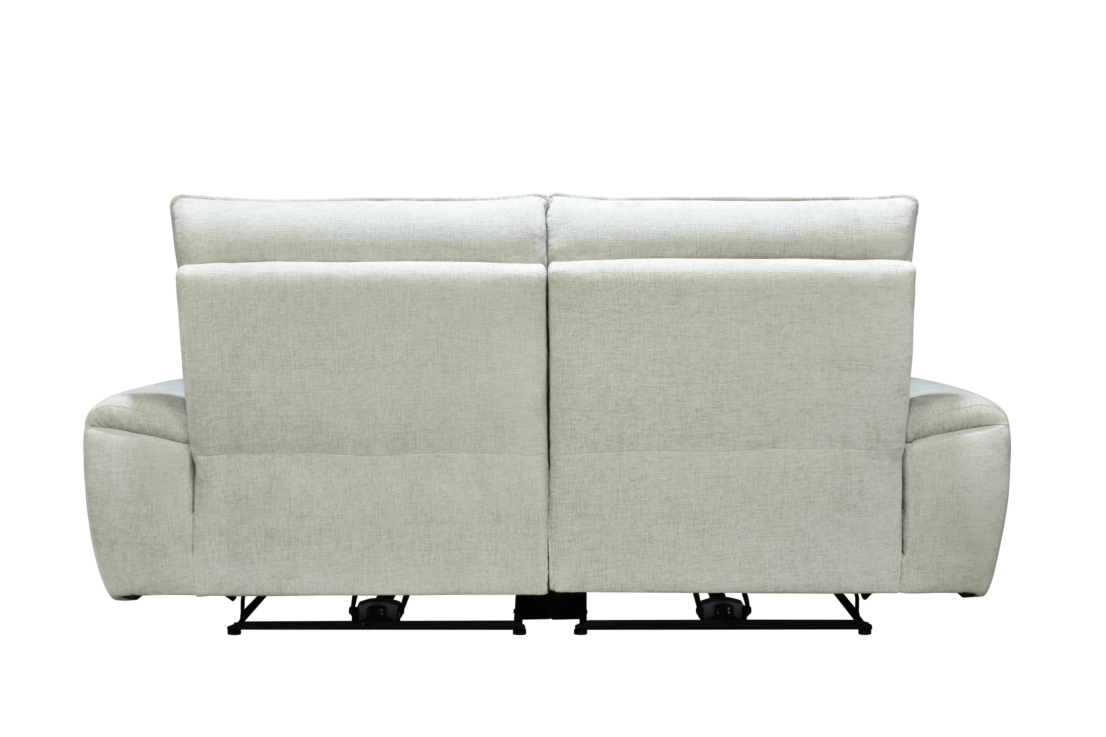 A rear view of a two-seat reclining loveseat, upholstered in a light gray textured fabric, with visi… — 3D model