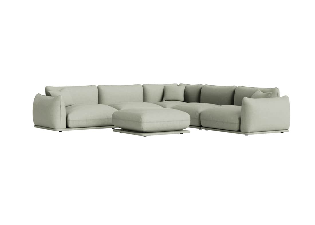 A light sage green modular sectional sofa featuring a low-profile base and plush, rounded upholstere… — 3D model