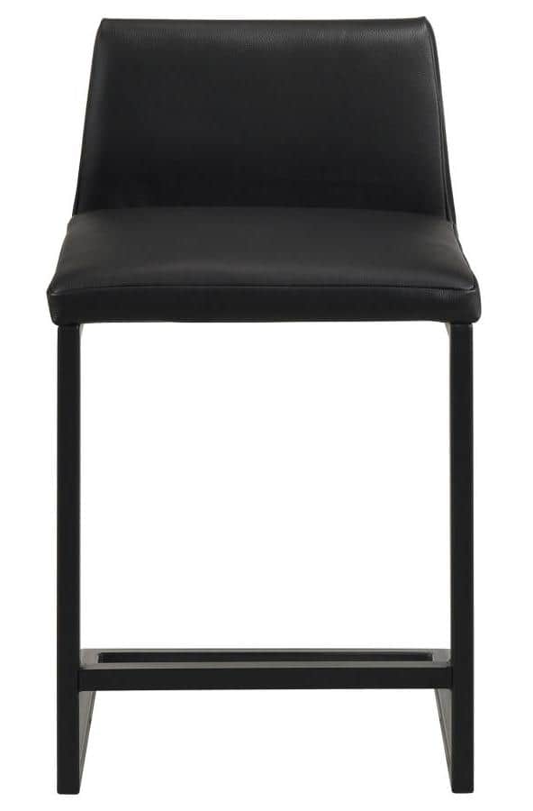 A contemporary black bar stool featuring a sleek, armless design. It consists of a padded seat and a… — 3D model