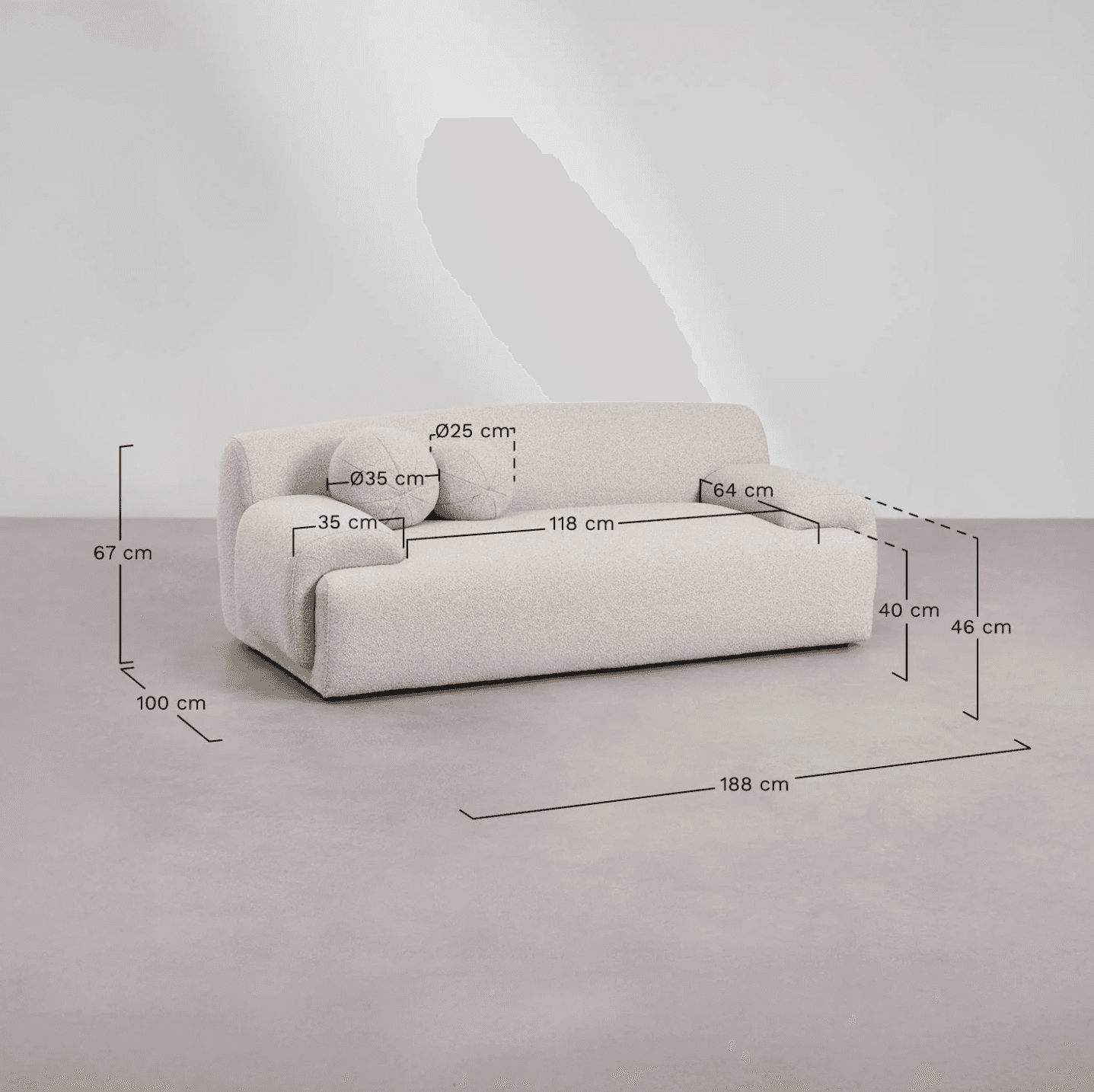 A modern, low-profile, two-seater sofa with rounded edges and a textured boucle upholstery. It featu… — free GLTF 3D model