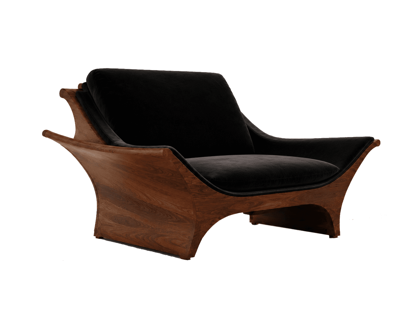 A modern armchair with a distinctive sculpted wooden frame and plush black upholstery. The frame has… — 3D model