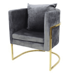 A modern barrel-style armchair upholstered in grey velvet, featuring a sleek gold-finished metal sle… — free OBJ 3D model