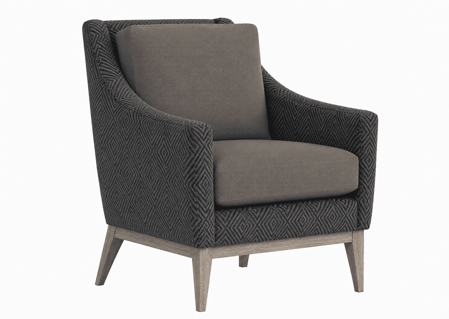 A contemporary armchair with a high back and flared arms. The exterior upholstery features a geometr… — free OBJ 3D model