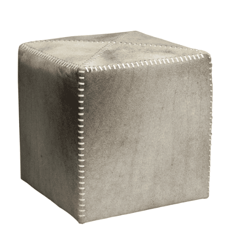 A cube-shaped upholstered ottoman or pouf, covered in a light grey or beige suede-like material. It… — 3D model