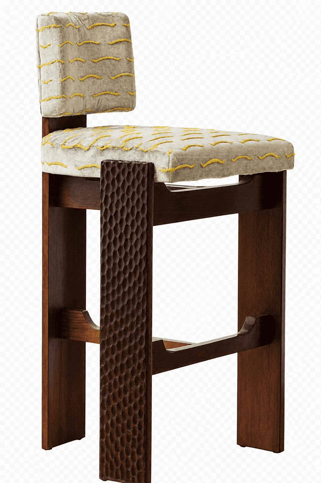A bar stool with a wooden frame and upholstered seat and backrest. The wooden legs and supports are… — 3D model