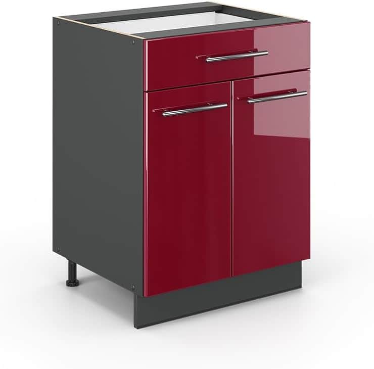 A modern kitchen base cabinet featuring a dark grey frame and glossy, high-sheen red drawer and door… — 3D model