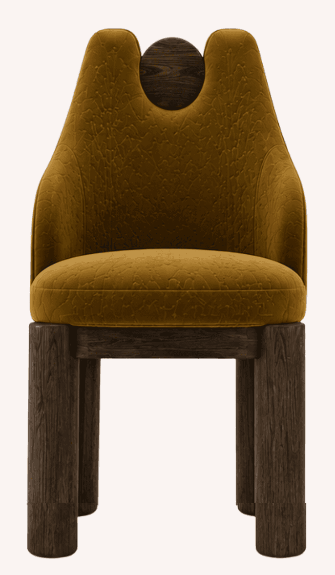An upholstered dining chair featuring a unique sculptural cutout backrest, rich ochre-colored textur… — 3D model